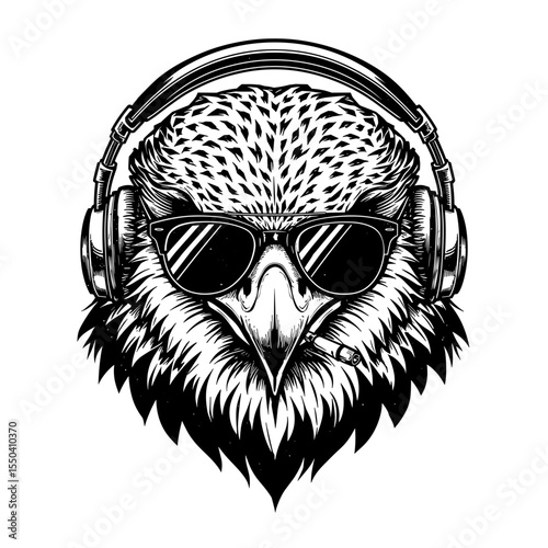 A cool, Hipster Hawk listens to music with sunglasses and headphones, a cool illustration.