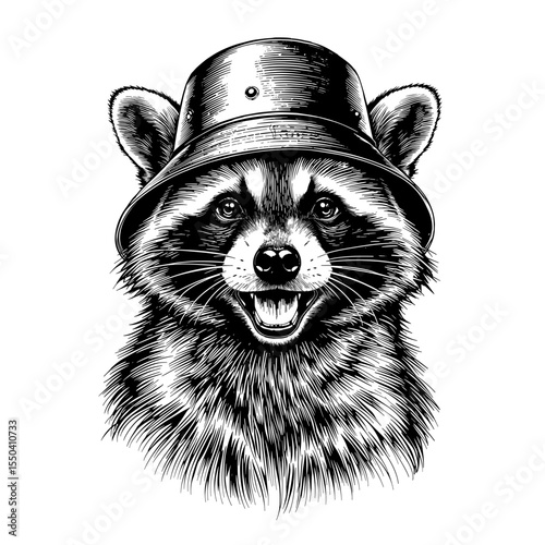 A charming raccoon adorned in a vintage hat. A detailed illustration, with the raccoon's playful demeanor. capturing the cute and adorable essence of the animal.