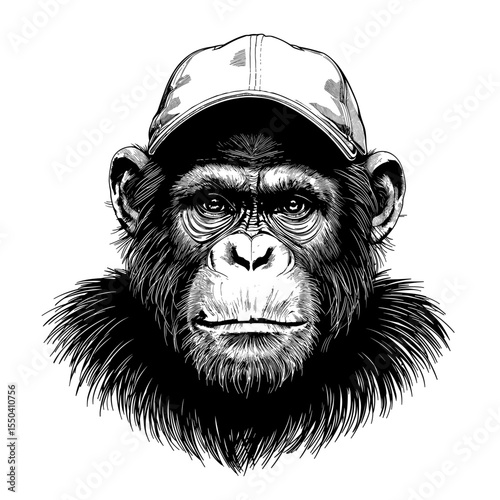 Chimpanzee wearing a cap, monochrome illustration, primate portrait, black and white art. 
