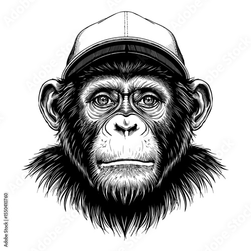A charmingly depicted chimpanzee with a cap. Detailed illustration. Capturing the chimpanzee's serious expression, a cap added a cool vibe to it. 