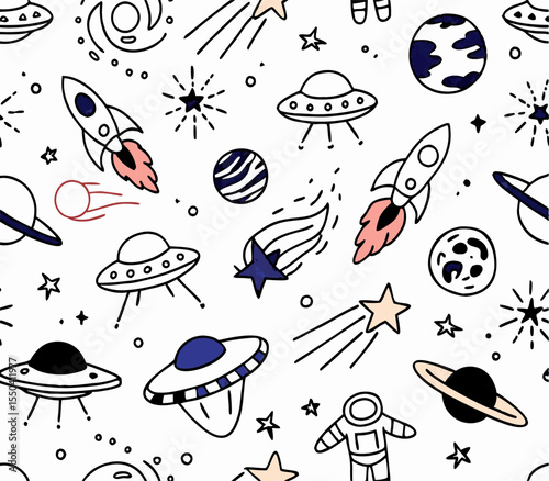 Cute Space Doodle Pattern: Rockets, UFOs, Planets