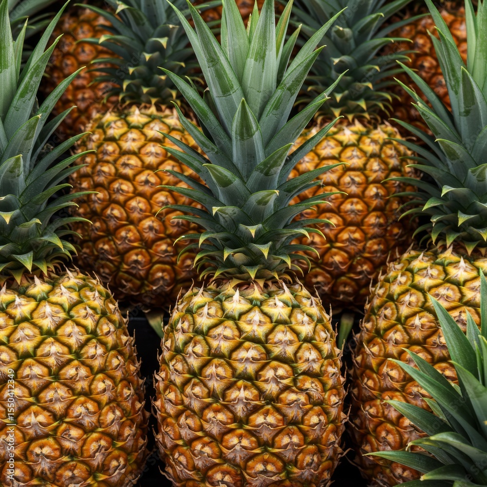Obraz premium Close Up of Ripe Yellow Pineapples with Green Tops
