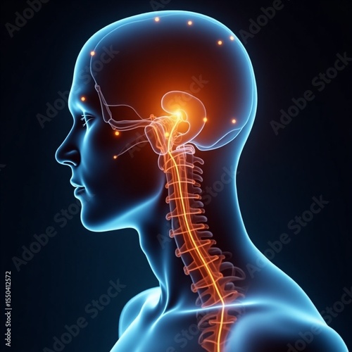Human Skeleton and Spine – Anatomical Illustration with Glowing Nervous System

