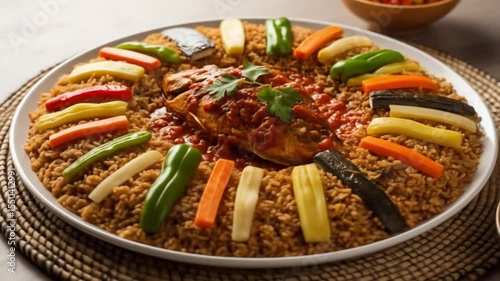 Thieboudienne senegalese fish and rice recipe with vegetables delicious african cuisine dish food photography video 4k