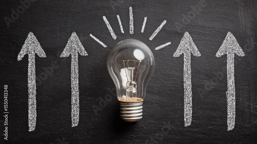 Concept image of light bulb and arrows on chalkboard representing business ideas