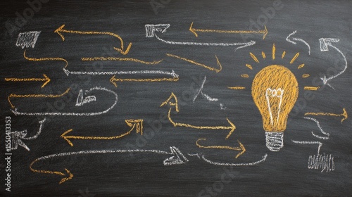 Concept image of light bulb and arrows on chalkboard representing business ideas