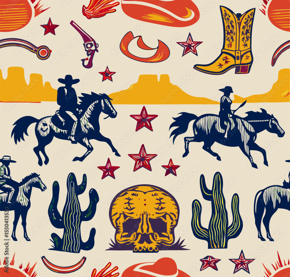 Fototapeta premium Wild West Seamless Pattern: Cowboys, Horses, Cacti & Skulls
