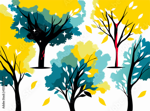 Stylized Watercolor Trees, Autumn Foliage, Nature Illustration