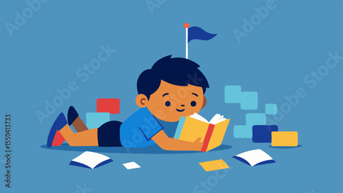 Book Adventure A child lies on the floor surrounded by an organized chaos of books. They have built a small fortress complete with a flag made out of a bookmark. The child is