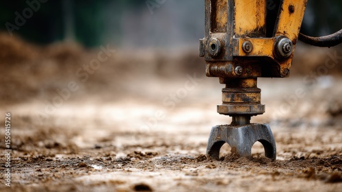 Hydraulic hammer resting on dirt ground at road widening project site