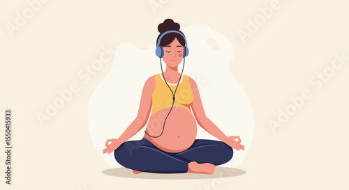 Illustration of a Pregnant Woman Meditating with Headphones for Mental Health Awareness and Prenatal Wellness Programs