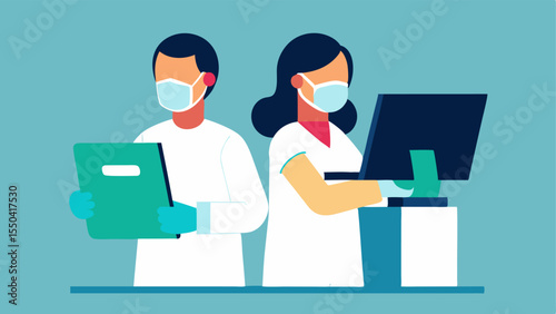 Focused Listening The odontologist is shown thoughtfully examining records with a colleague both wearing gloves and looking at the data displayed on a computer monitor.