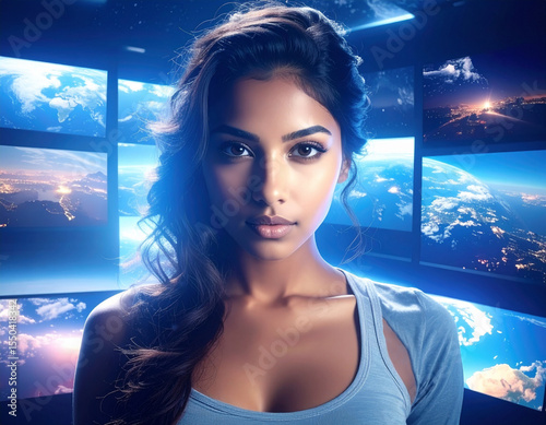 Futuristic array of media screens with a Young Businesswoman