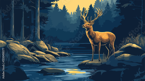 Majestic Deer at the Tranquil Forest River - Vector Illustration