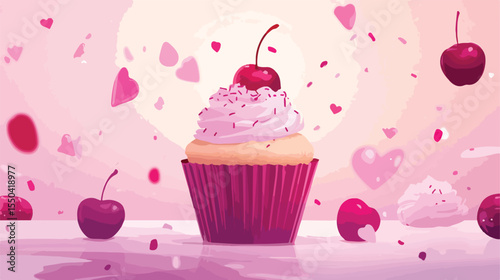 Delicious Cupcake and Cherry Flat Vector Illustration