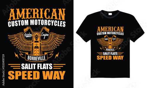 American custom motorcycles – vintage t-shirt design with classic bike retro style vector graphic for motorcycle enthusiasts and biker apparel