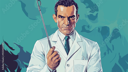 Professional Dentist Standing with Dental Probe Flat Vector Illustration