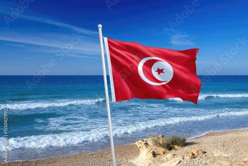 Holiday Tunisia moment: waving flag, cheerful group, Sahelian festivity, independence cheer, vibrant custom, republic legacy, woman tribute, local joy, desert dance, Carthage date, civic pride photo