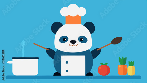 Cooking Scene A e panda wearing a white chefs hat smiles as it leans over a pot on the stove. The panda holds a ladle and is midstir with thoughtful brows knit. Surrounding the