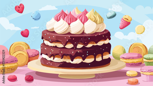 Delicious Dessert Cake and Macaroons Flat Vector Illustration