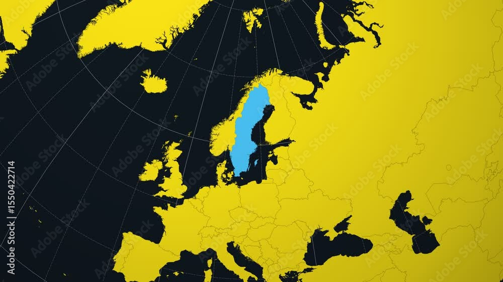 Sweden on Globe. Animated zoom into the country view on the world map in Charcoal Bright Yellow color palette. Globe with meridians, parallels, countries, rivers and lakes. Neat video.