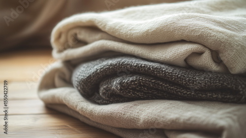 Stacked linen and woolen blankets in warm tones placed on a wooden floor with soft light, suggesting comfort, warmth, and minimalist natural interior aesthetics