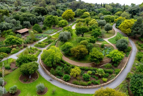 Mediterranean botanical garden flourishing with lush greenery and winding paths