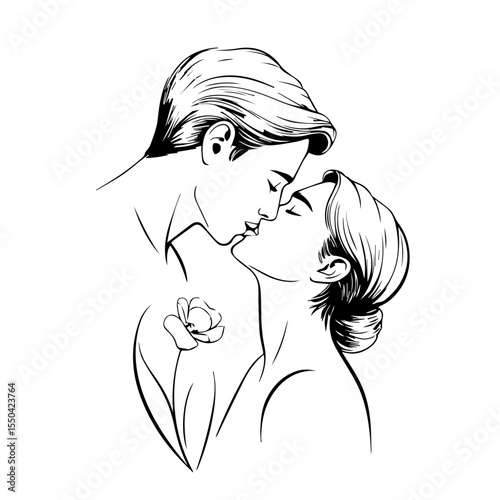 Romantic line art illustration of a couple kissing, with the man gently holding the woman's neck, accented by a delicate floral element symbolizing love and tenderness.

