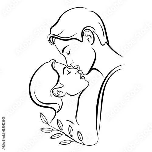Romantic line art illustration of a couple kissing, with the man gently holding the woman's neck, accented by a delicate floral element symbolizing love and tenderness.

