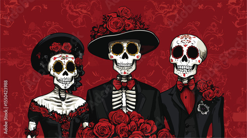 Day of the Dead card with Mariachis and Catrina