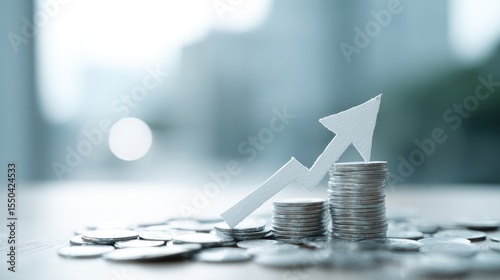 Paper cutout of arrow climbing stacked coins symbolizing upward business success