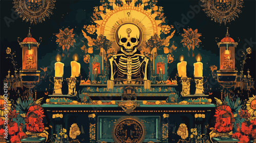 Dia de los Muertos Religious Altar Flat Vector Illustration