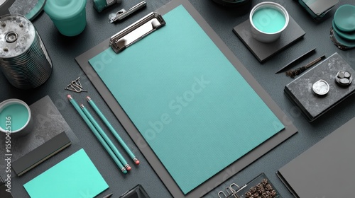 Personal branding business card design on clipboard with pencils and workspace elements