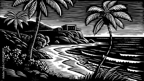 Peaceful beach in Tulum, Mexico, framed by ancient Mayan ruins and palm trees, a black and white sketch vector hand drawn