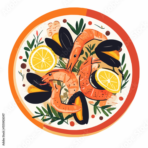 Flat vector illustration of seafood such as shrimps, mussels on ceramic plate with lemon and herbs, ideal for food packaging, recipe cards or printable kitchen decor
