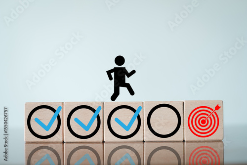 Business,Finance,Abstract idea.,A person icon moving from checked tasks towards a target.,Concept for goal setting,objective achievement,task management, progress tracking.