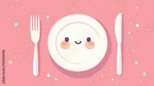 Cute Kawaii Style Vector Illustration of Dish and Cutlery