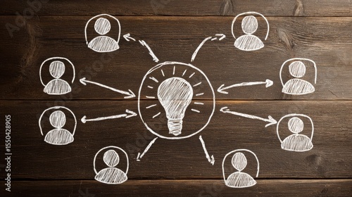 Team icons surrounding a light bulb concept on desk showing innovation through teamwork