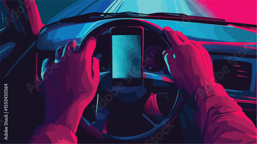 Safe Driving Illustration with No Phone Usage Warning in Flat Vector Style