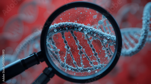 DNA nucleotide microscope concept. DNA structure magnified with a dark circular frame on a red background.