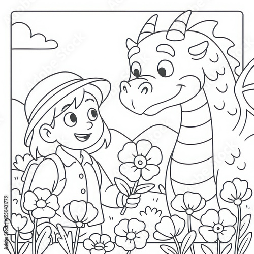 Child smiling while holding flower with dragon in a colorful garden  