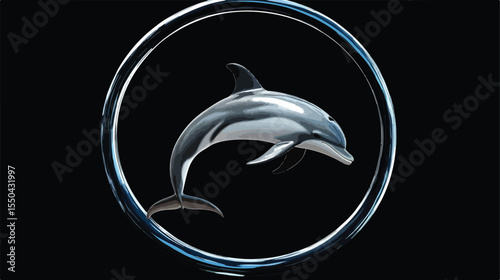 Dolphin Jumping Through Hoop Flat Vector Illustration