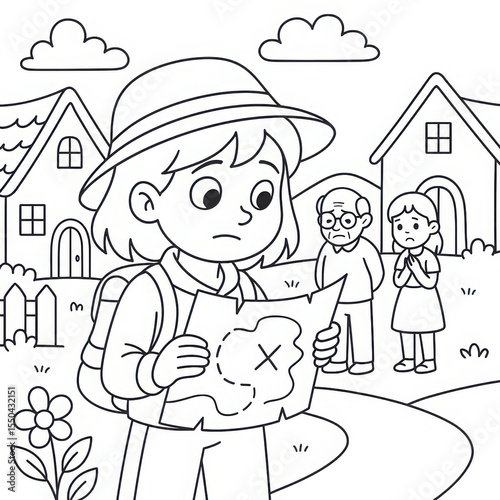 Young girl exploring a map with concerned friends in cartoon village  