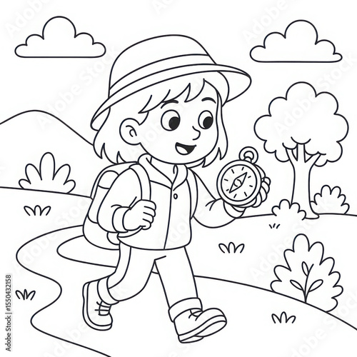 Young girl walking with a compass in nature landscape coloring page  