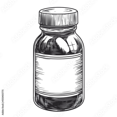 Cartoon Drug Bottle Vector Illustration in Black, Pharmaceutical Artwork