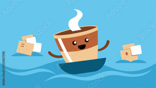 Cup with a Mission A dynamic coffee cup with animated features complete with arms and a jaunty expression rows vigorously in a small boat made of sugar packets. The lake is a rich