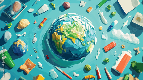 Earth with Recycle Arrows and Recyclable Products