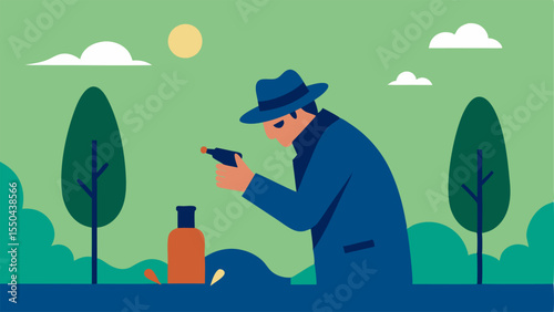 Environmental Elements A detective examining a bullet casing with trees and bushes in the background indicating a peaceful area turned crime scene dinner up the contrast.