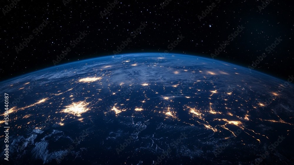 Obraz premium A stunning nighttime view of Earth from space, showcasing city lights and the vast expanse of stars in the background.