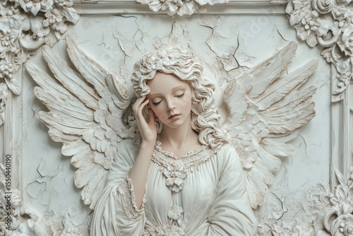 A serene angel sculpture with detailed wings and flowing robes, set against an ornate, cracked background.